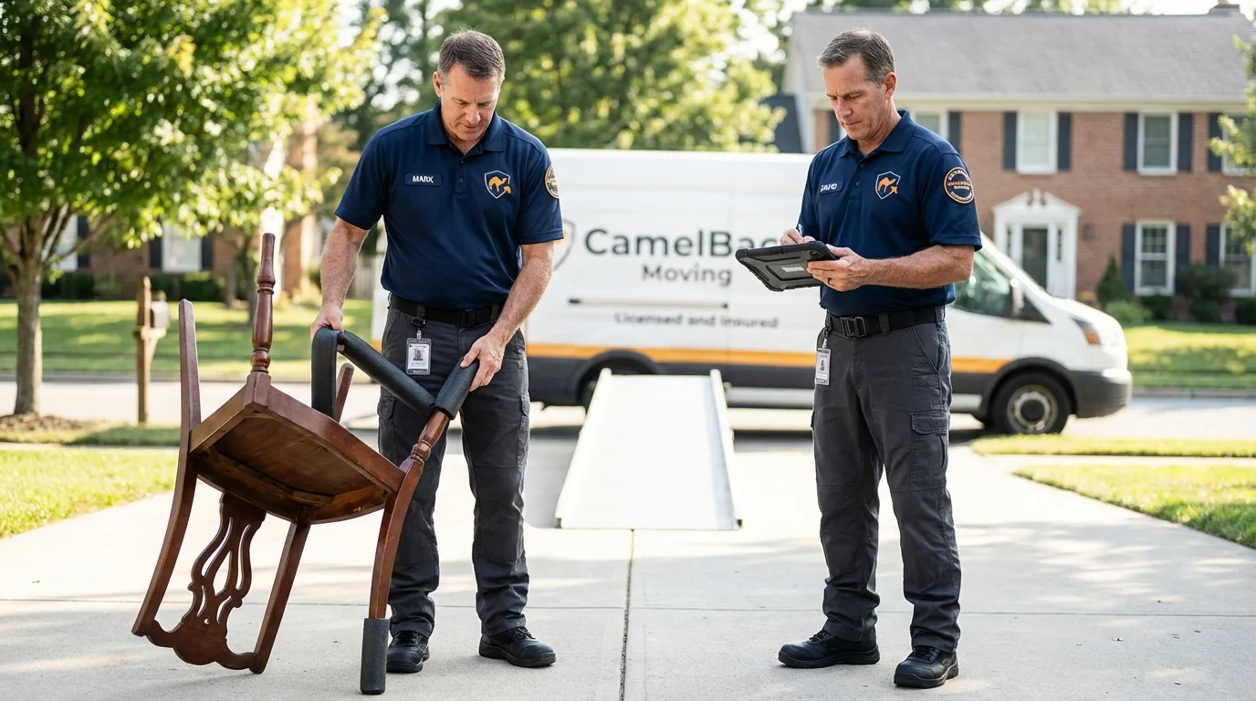 Movers inspecting furniture for damage prevention before loading in Cherryville, NC