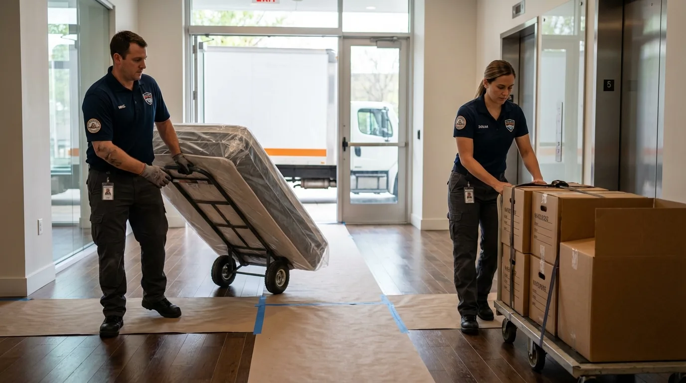 Professional apartment movers loading elevator in Cherryville, NC