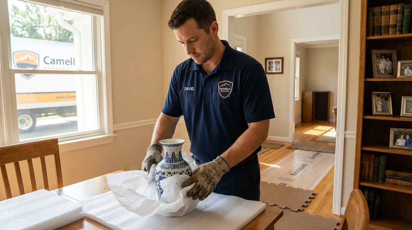 Professional crew carefully wrapping antique vase for senior downsizing move in Cherryville, NC
